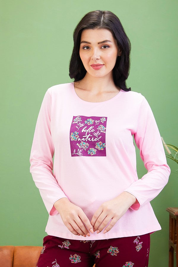 AV2 Women Cotton Printed Top & Pajama Nightsuit Set Pink Maroon - 2441A