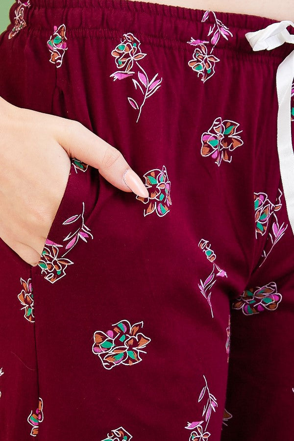 AV2 Women Cotton Printed Top & Pajama Nightsuit Set Pink Maroon - 2441A