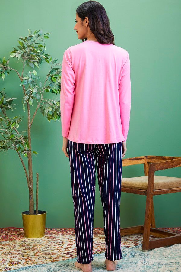 AV2 Women Cotton Printed Top & Pyjama Nightsuit set Pink - 2442B