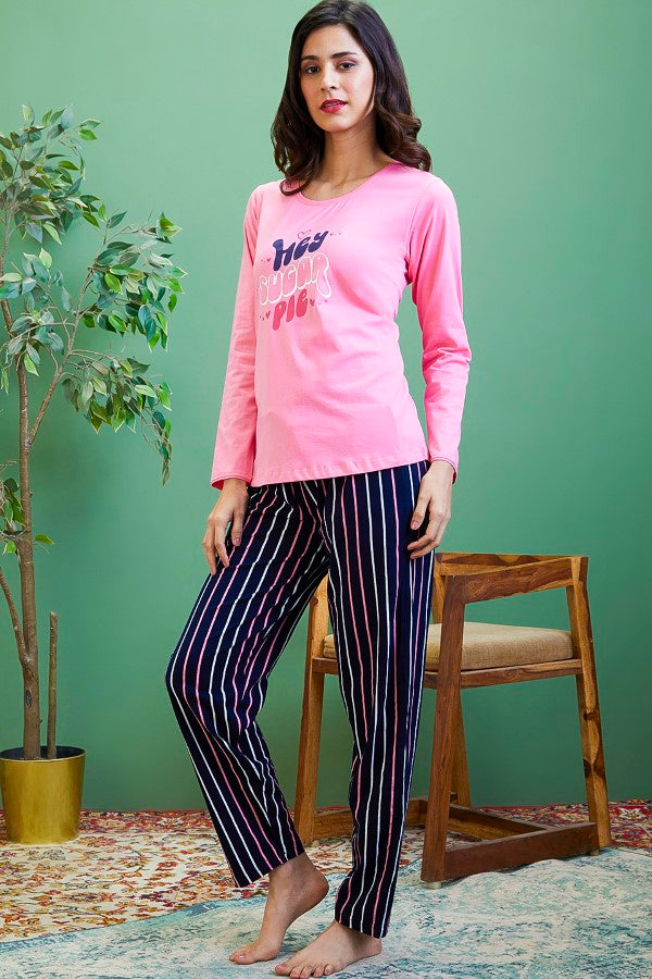 AV2 Women Cotton Printed Top & Pyjama Nightsuit set Pink - 2442B
