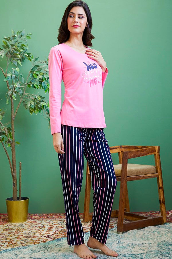 AV2 Women Cotton Printed Top & Pyjama Nightsuit set Pink - 2442B