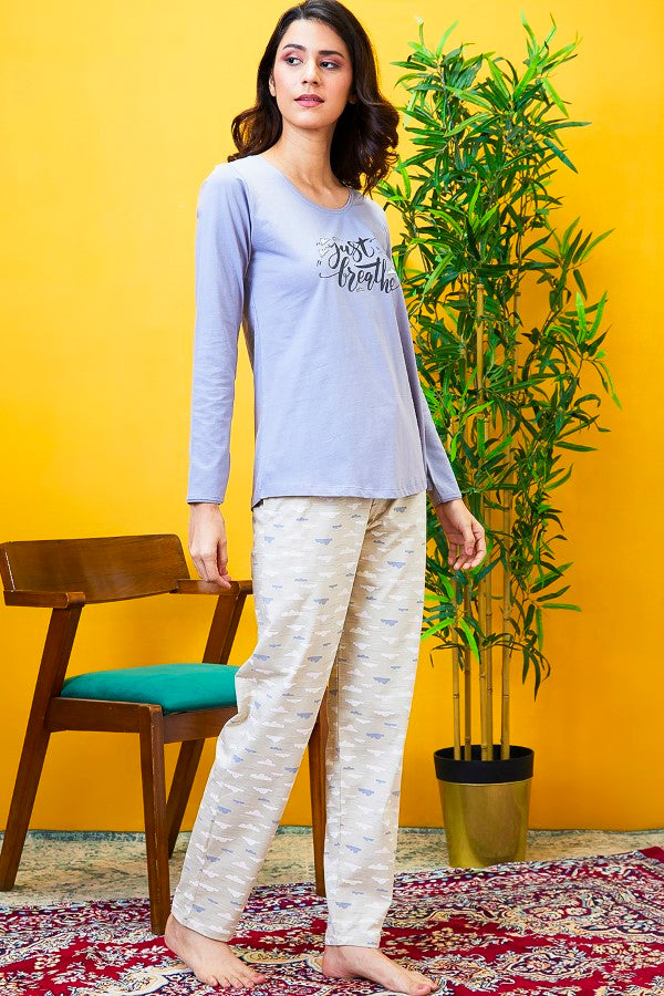AV2 Women Cotton Printed Top & Pyjama Nightsuit set Beige - 2444B