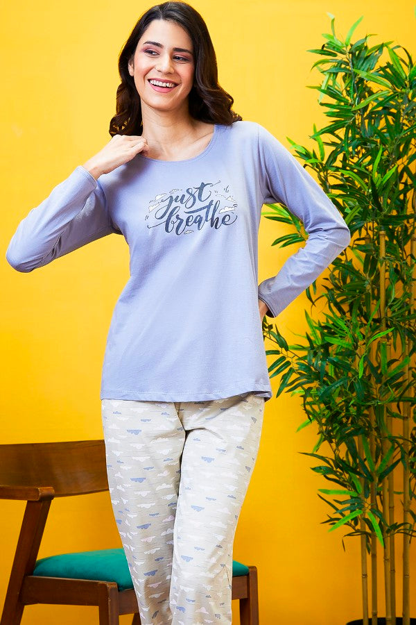 AV2 Women Cotton Printed Top & Pyjama Nightsuit set Beige - 2444B