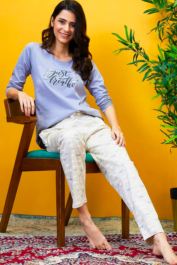 AV2 Women Cotton Printed Top & Pyjama Nightsuit set Beige - 2444B