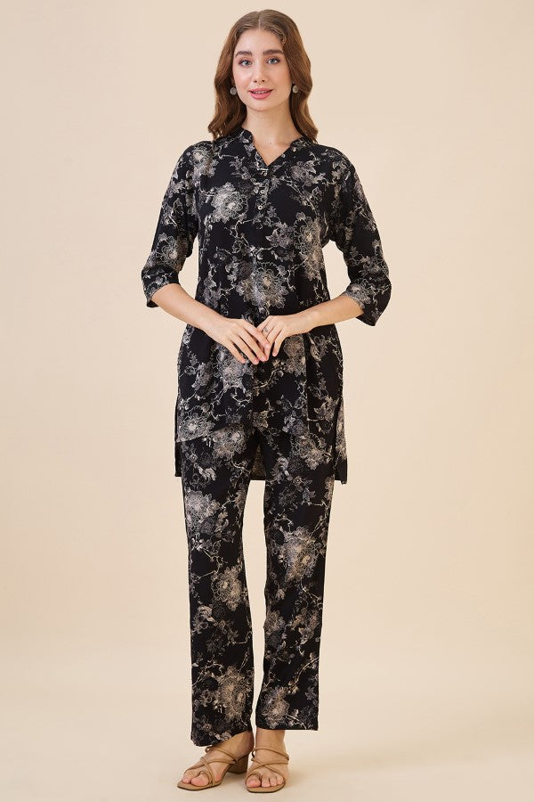 AV2 Women Rayon Printed Tunic Top & Bottom Co-ord Set Black - 2445C