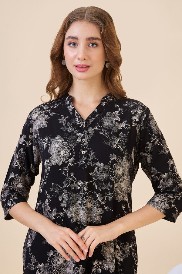 AV2 Women Rayon Printed Tunic Top & Bottom Co-ord Set Black - 2445C