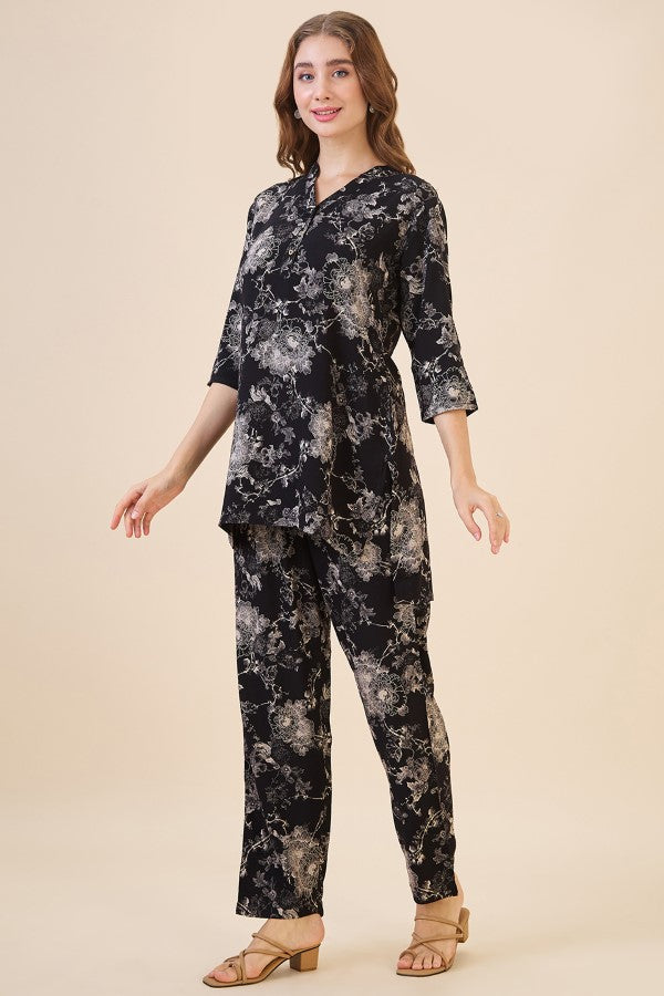 AV2 Women Rayon Printed Tunic Top & Bottom Co-ord Set Black - 2445C