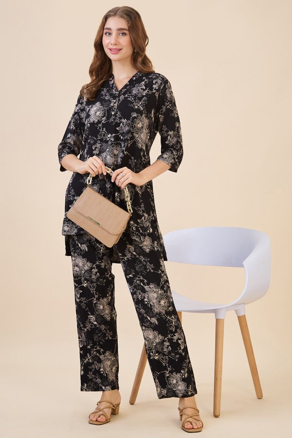 AV2 Women Rayon Printed Tunic Top & Bottom Co-ord Set Black - 2445C