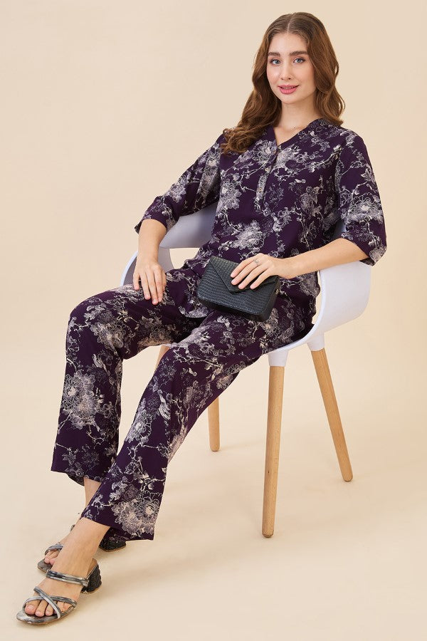 AV2 Women Rayon Printed Tunic Top & Bottom Co-ord Set Wine - 2445D
