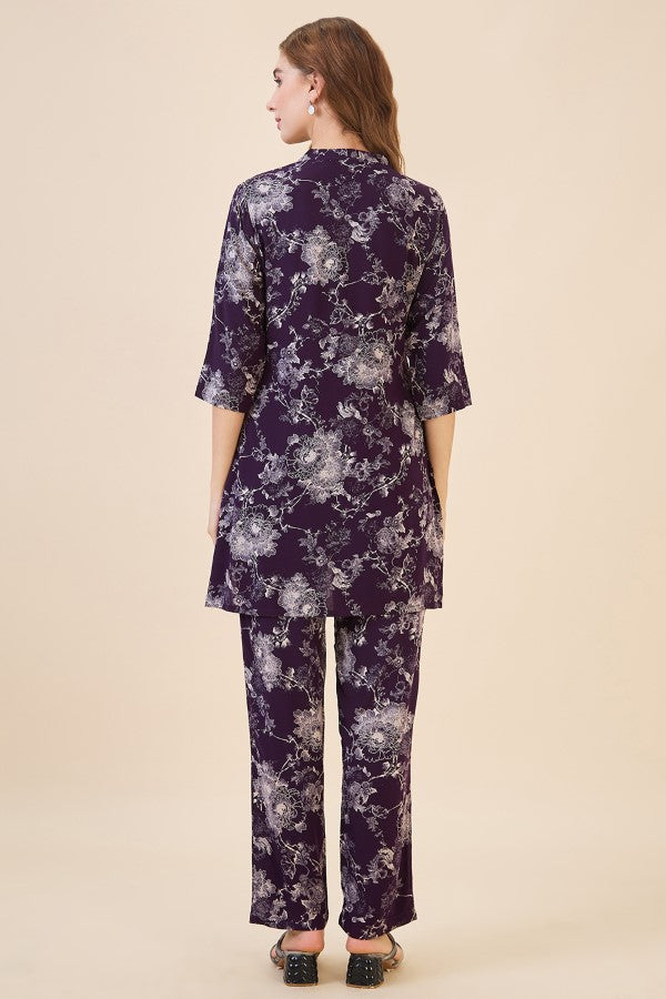 AV2 Women Rayon Printed Tunic Top & Bottom Co-ord Set Wine - 2445D