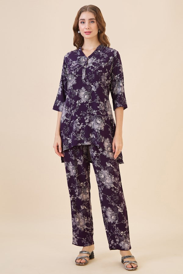 AV2 Women Rayon Printed Tunic Top & Bottom Co-ord Set Wine - 2445D