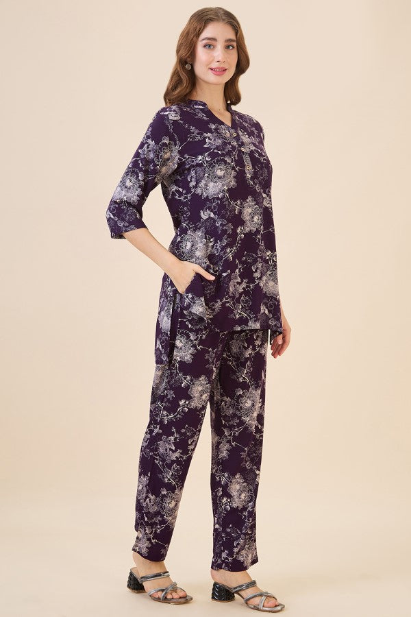 AV2 Women Rayon Printed Tunic Top & Bottom Co-ord Set Wine - 2445D