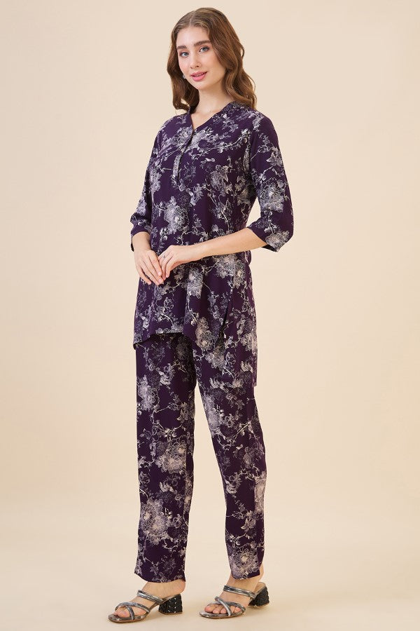 AV2 Women Rayon Printed Tunic Top & Bottom Co-ord Set Wine - 2445D