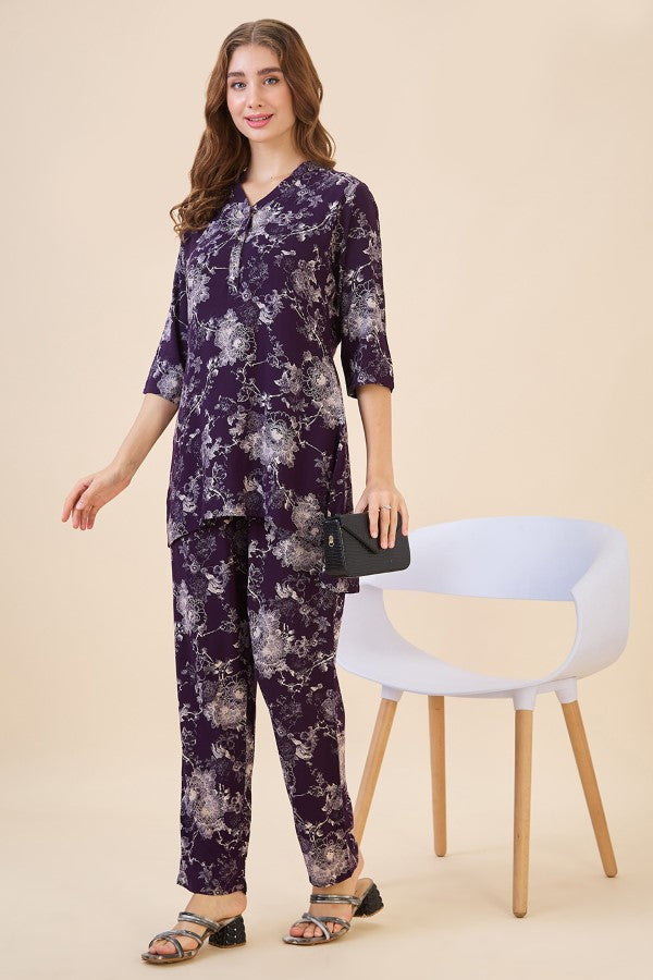 AV2 Women Rayon Printed Tunic Top & Bottom Co-ord Set Wine - 2445D