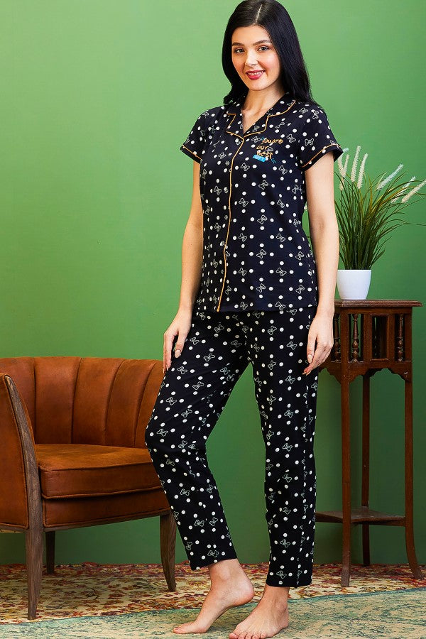 AV2 Women Cotton Top & Pyjama Nightsuit Set Black - 2501A