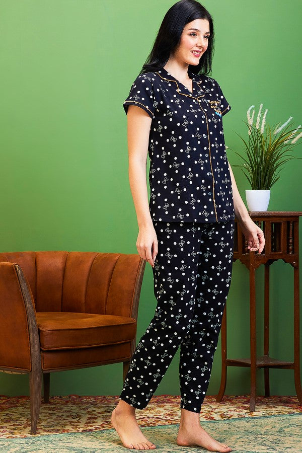 AV2 Women Cotton Top & Pyjama Nightsuit Set Black - 2501A