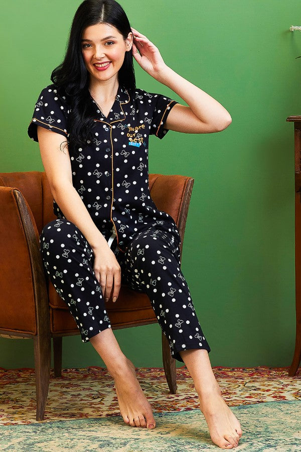 AV2 Women Cotton Top & Pyjama Nightsuit Set Black - 2501A