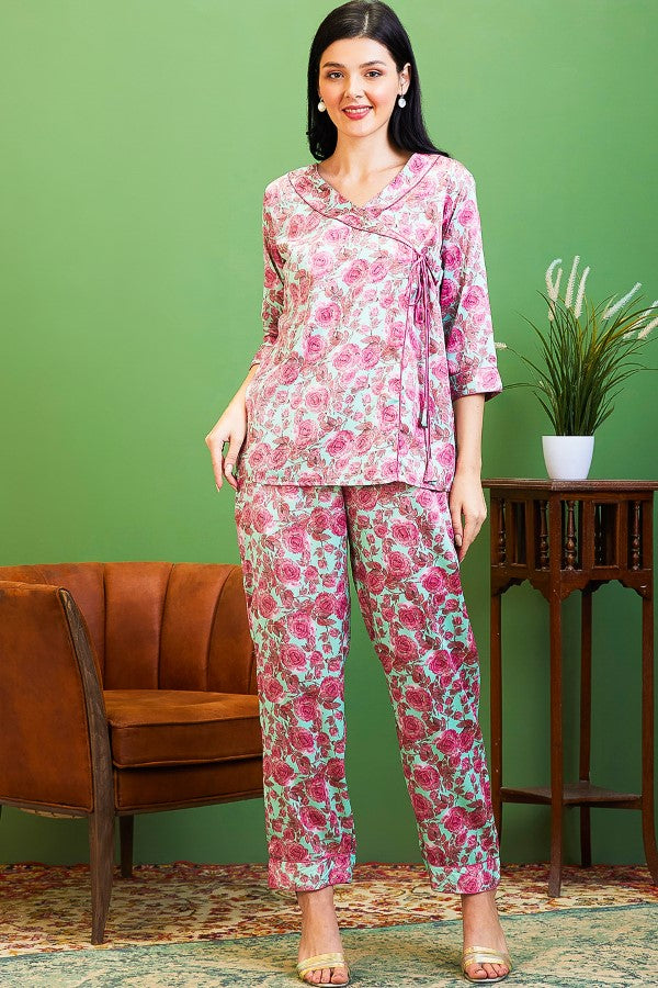 AV2 Women Satin Printed Tunic Top & Bottom Co-ord set Pink - 2511A