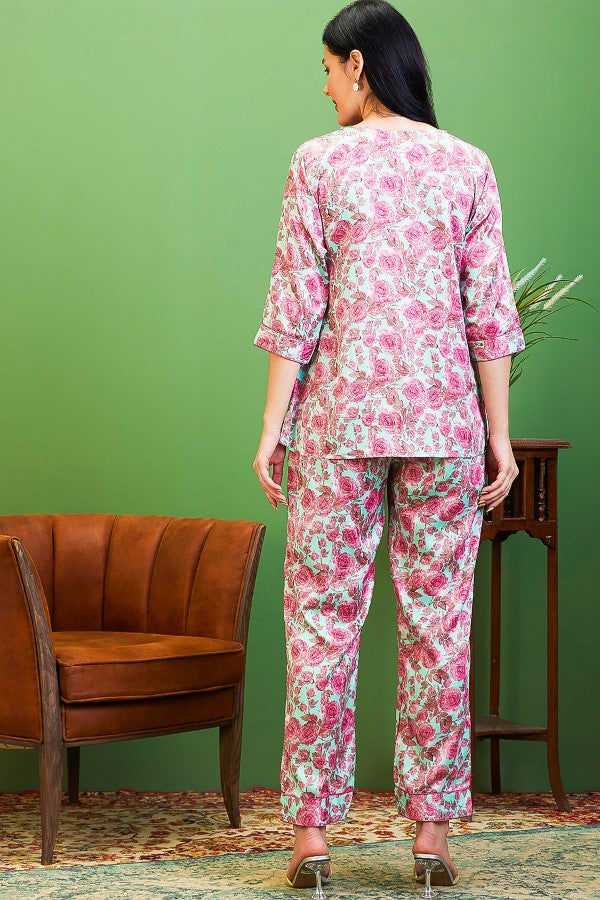 AV2 Women Satin Printed Tunic Top & Bottom Co-ord set Pink - 2511A