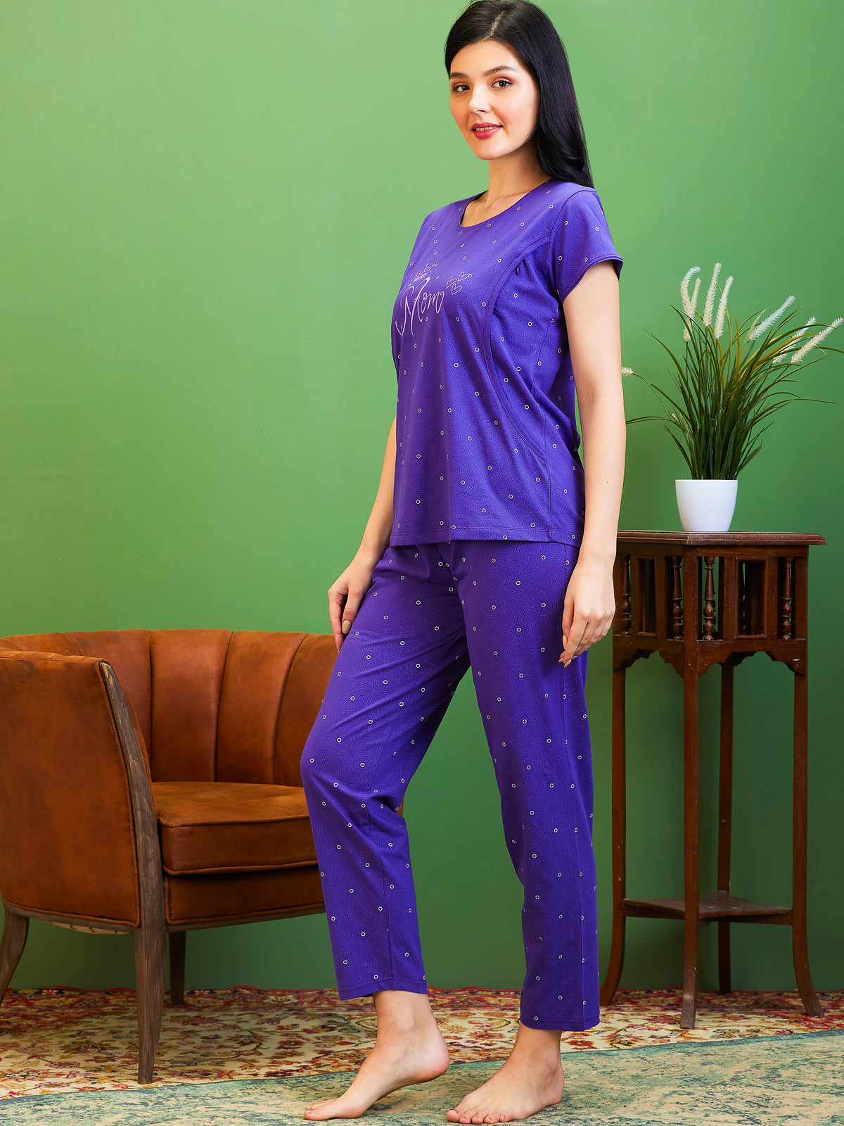 AV2 Women Cotton Feeding Top & Pyjama Nighsuit Set Purple - 2520A