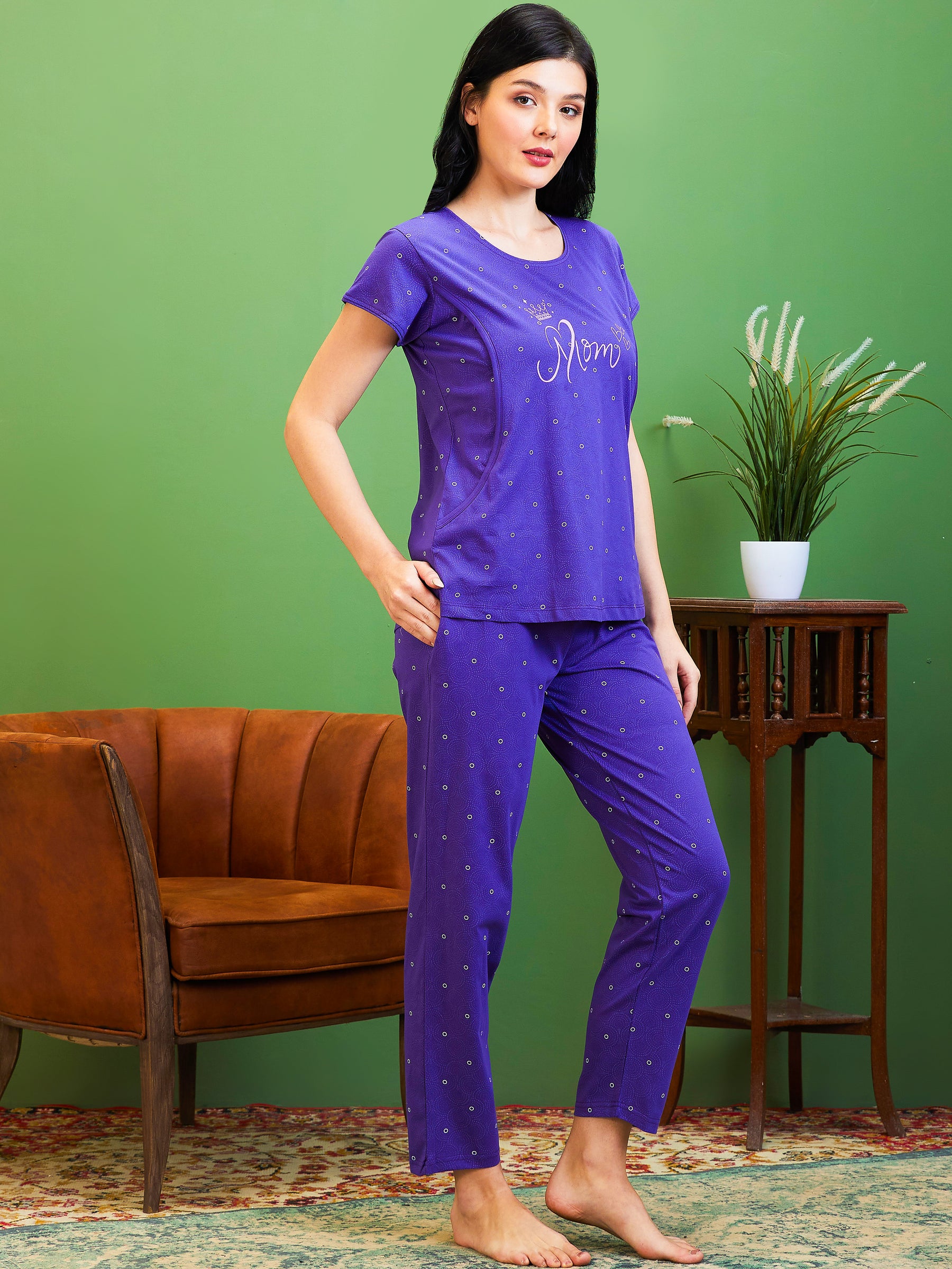 AV2 Women Cotton Feeding Top & Pyjama Nighsuit Set Purple - 2520A