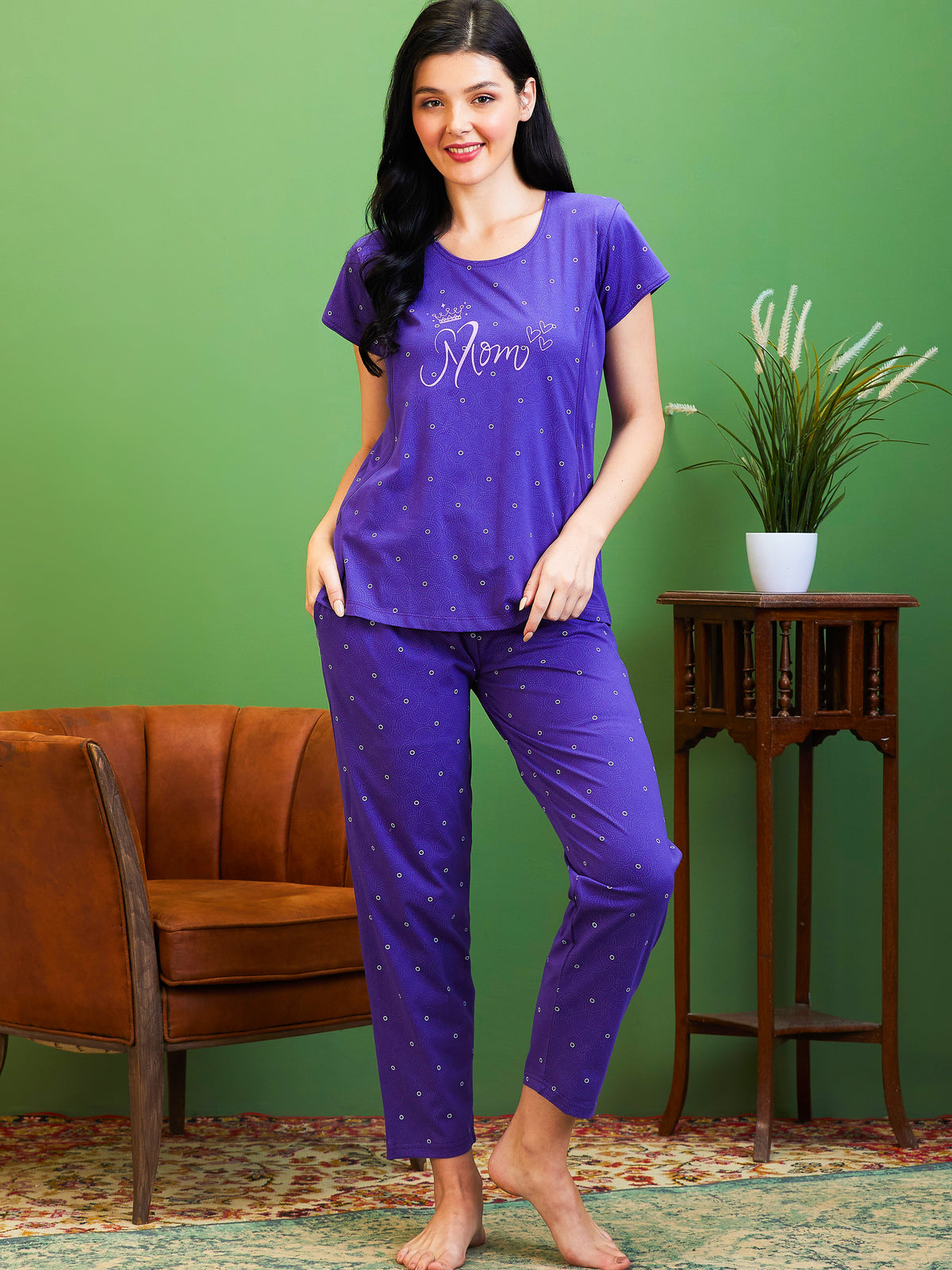 AV2 Women Cotton Feeding Top & Pyjama Nighsuit Set Purple - 2520A