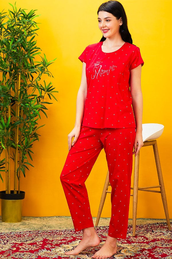 AV2 Women Cotton Feeding Top & Pyjama Nighsuit Set Red - 2520B