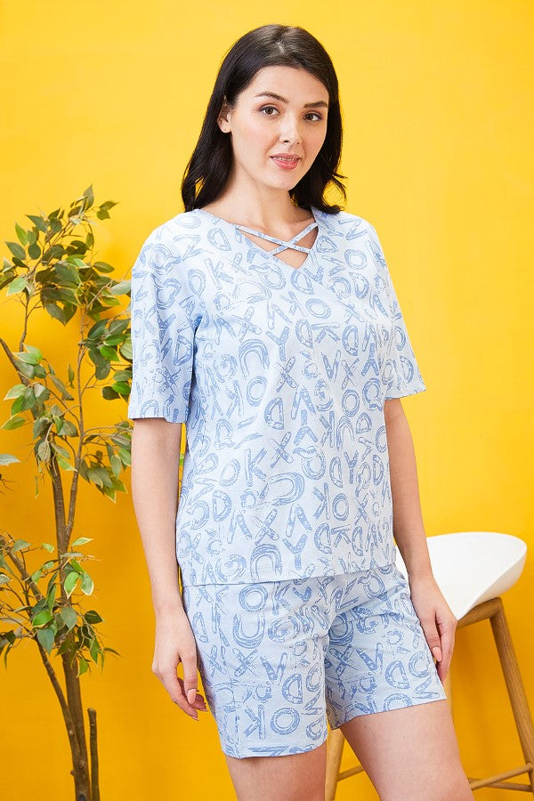 AV2 Women Printed Cotton Top & Shorts Coord set Blue - 2558A