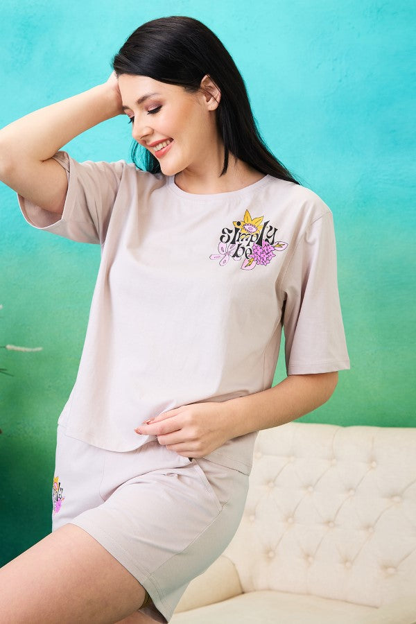 AV2 Women Cotton Solid Short Sleeve Top & Shorts Set Grey - 2567A