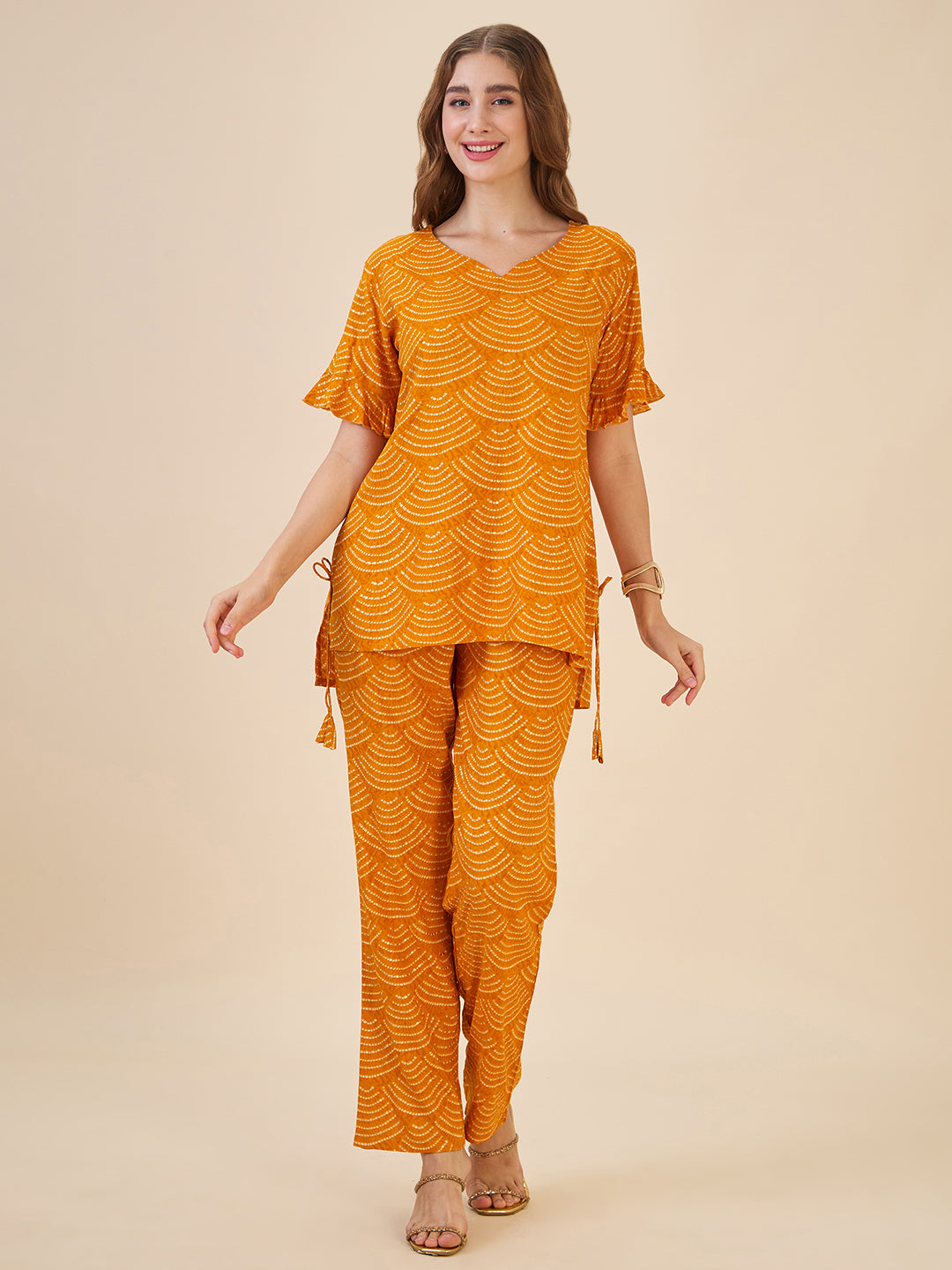 AV2 Women Rayon Printed Tunic Top & Bottom Co-ord set Mustard - 2602A