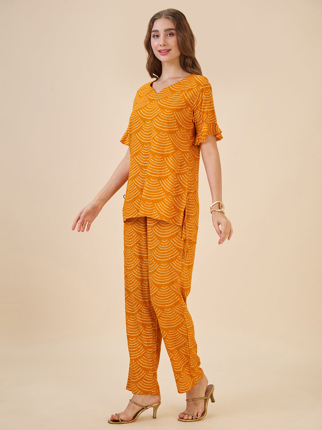 AV2 Women Rayon Printed Tunic Top & Bottom Co-ord set Mustard - 2602A