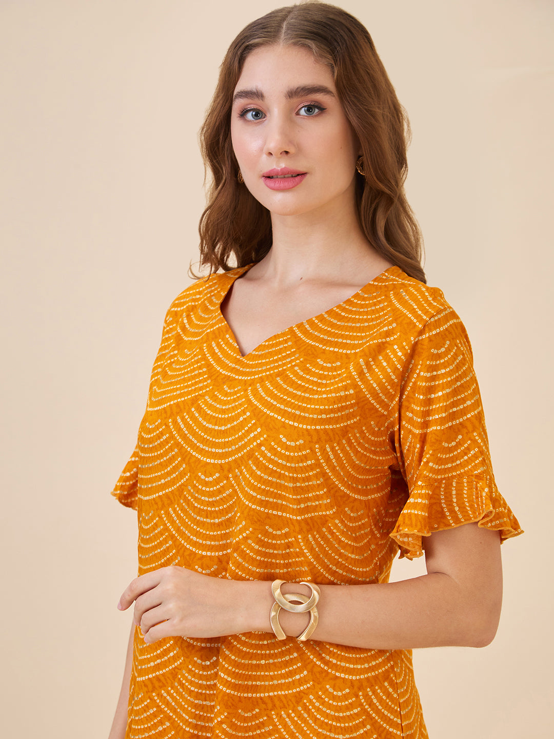 AV2 Women Rayon Printed Tunic Top & Bottom Co-ord set Mustard - 2602A