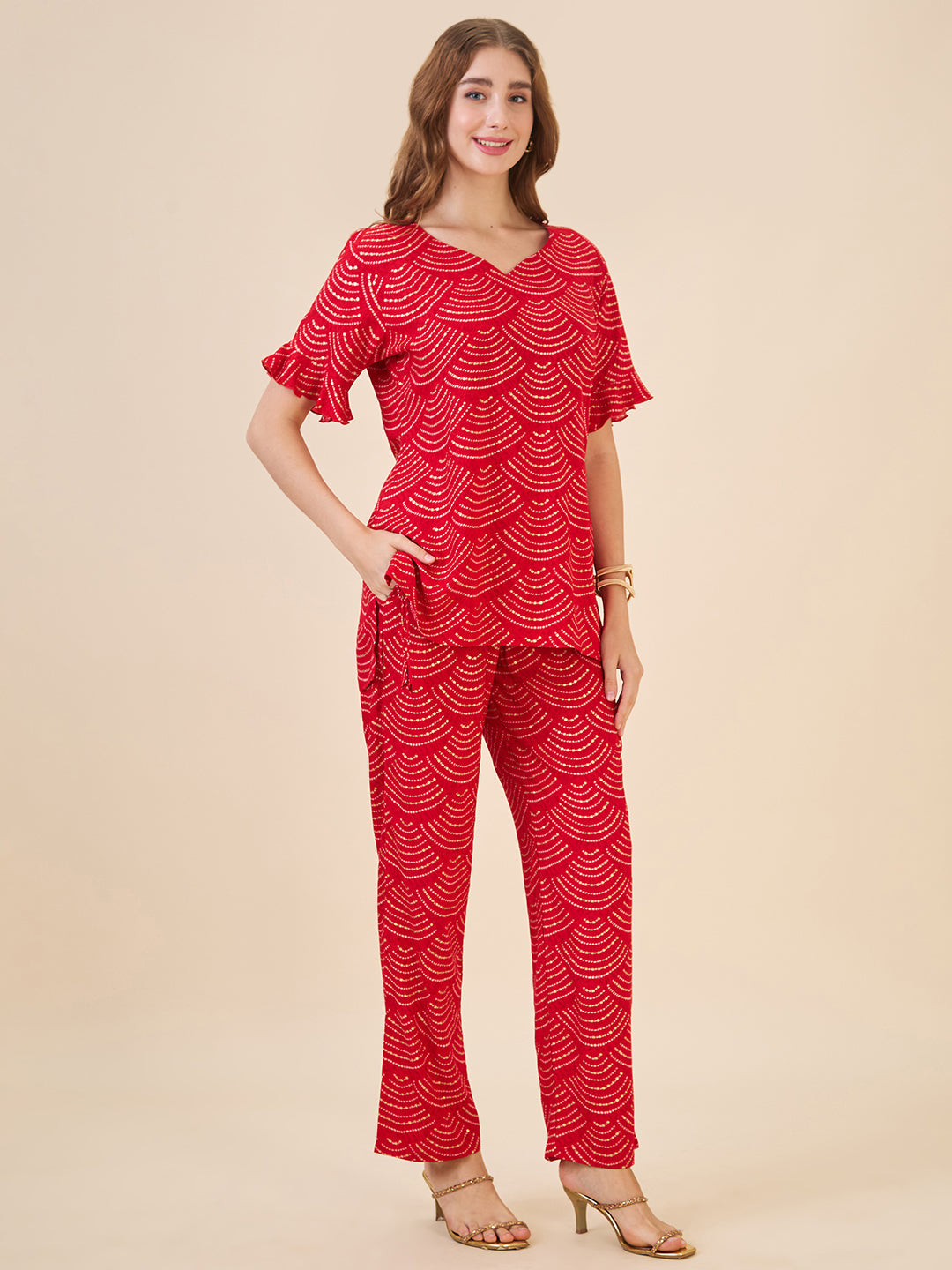 AV2 Women Rayon Printed Tunic Top & Bottom Co-ord set Red - 2602B