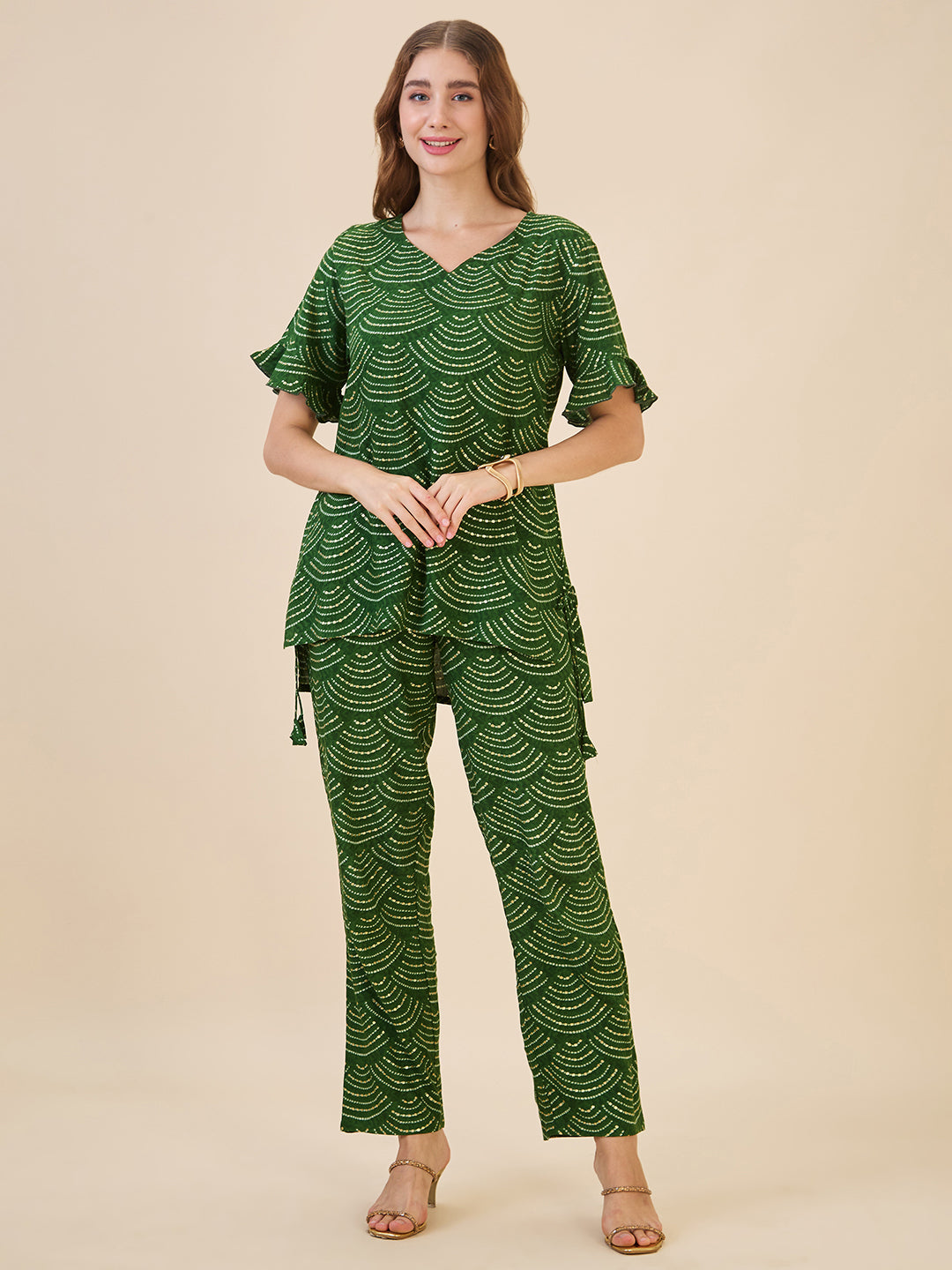 AV2 Women Rayon Printed Tunic Top & Bottom Co-ord set Green - 2602C