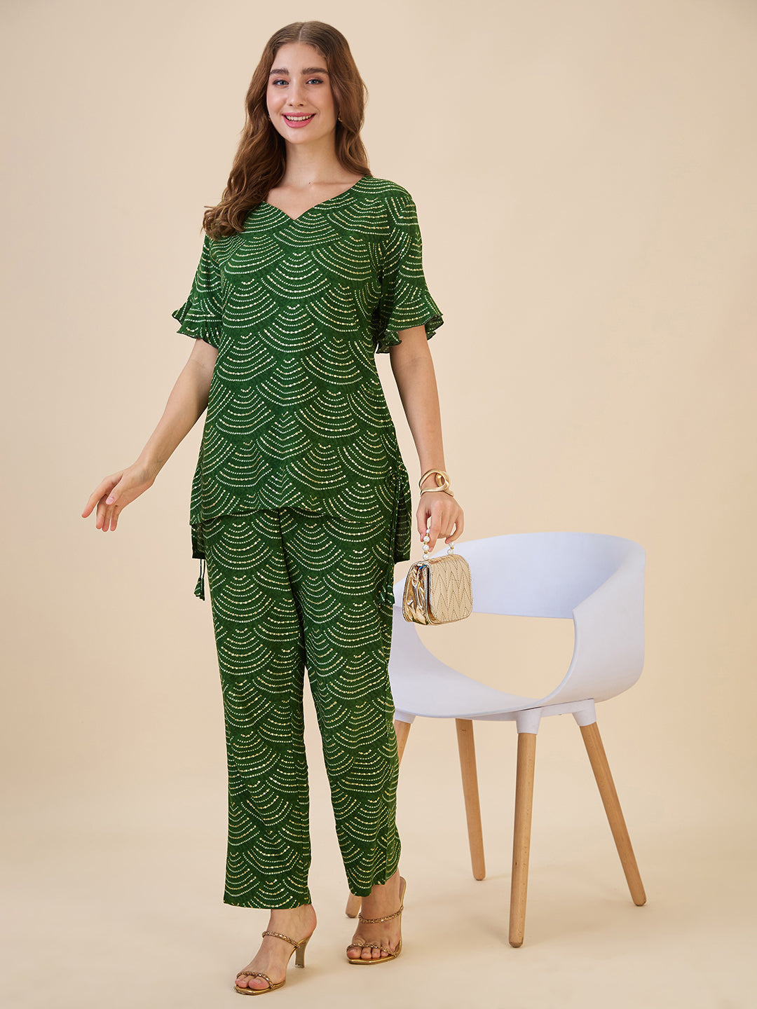 AV2 Women Rayon Printed Tunic Top & Bottom Co-ord set Green - 2602C