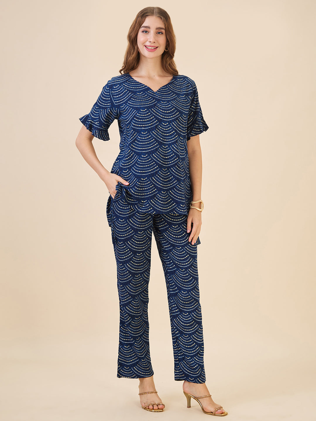 AV2 Women Rayon Printed Tunic Top & Bottom Co-ord set Navy - 2602D