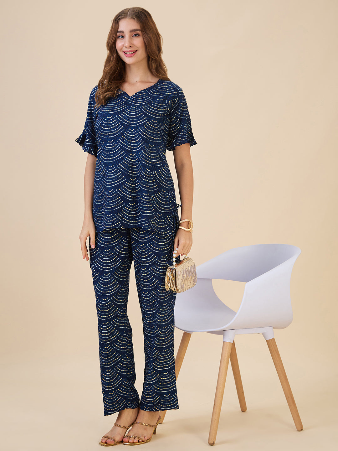 AV2 Women Rayon Printed Tunic Top & Bottom Co-ord set Navy - 2602D