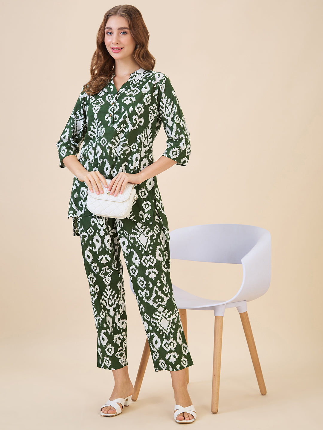 AV2 Women Cotton Printed Tunic & Bottom Coord set Green - 2616A