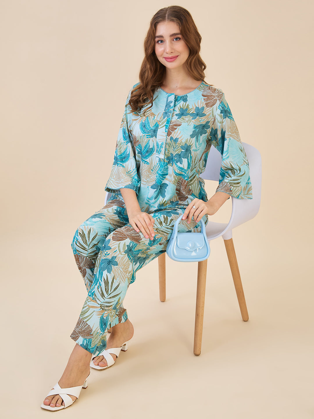 AV2 Women Rayon Printed Top & Bottom Coord set Blue - 2621A