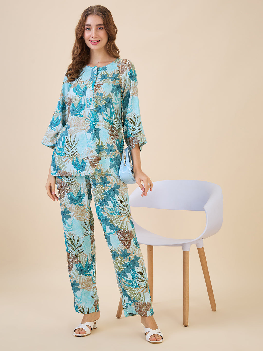 AV2 Women Rayon Printed Top & Bottom Coord set Blue - 2621A