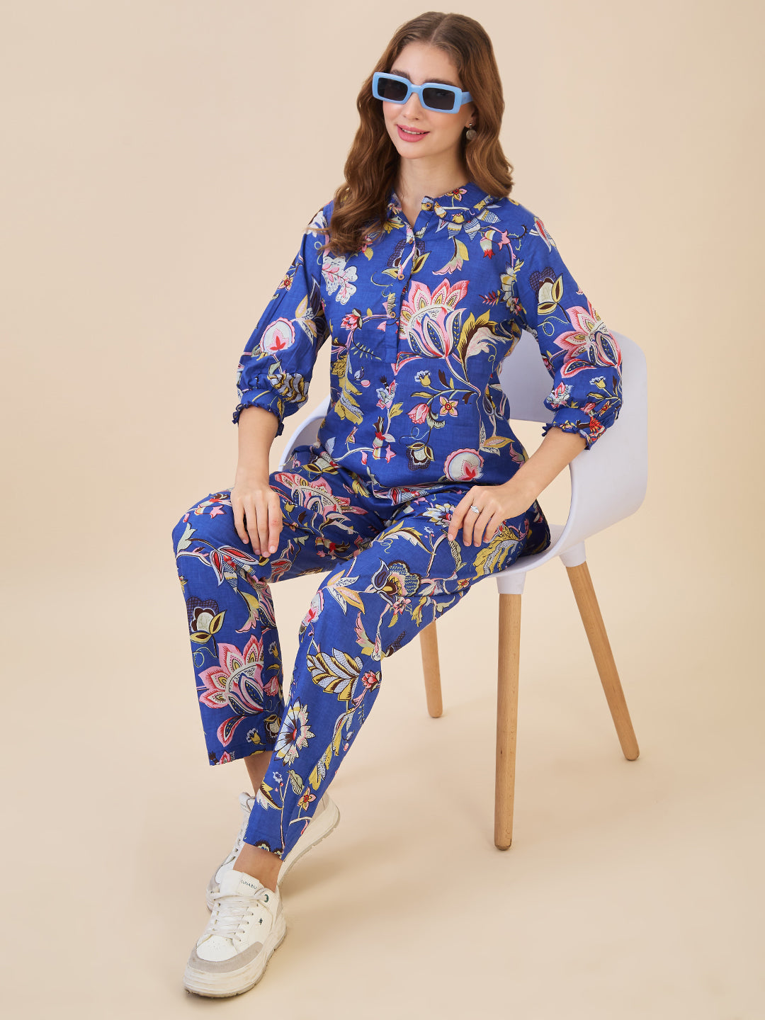AV2 Women Cotton Printed Top & Bottom Coord set Blue - 2635A