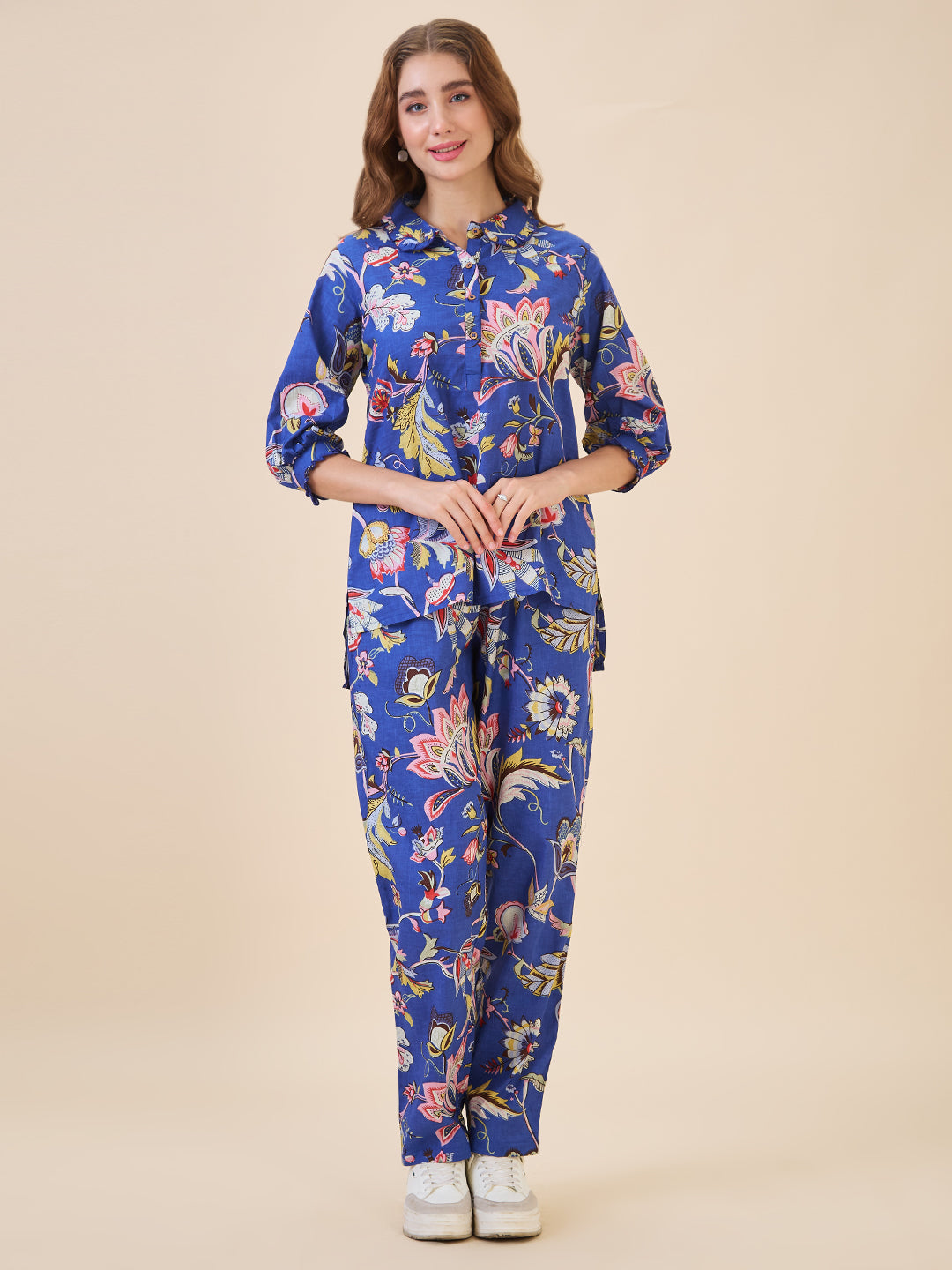 AV2 Women Cotton Printed Top & Bottom Coord set Blue - 2635A