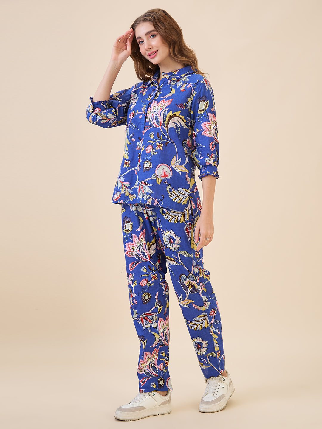 AV2 Women Cotton Printed Top & Bottom Coord set Blue - 2635A