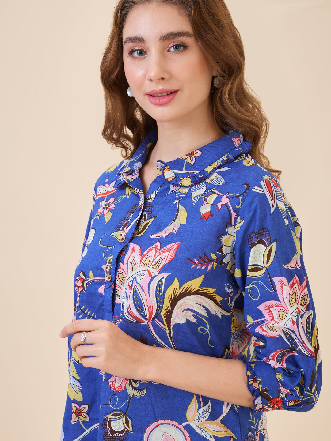AV2 Women Cotton Printed Top & Bottom Coord set Blue - 2635A