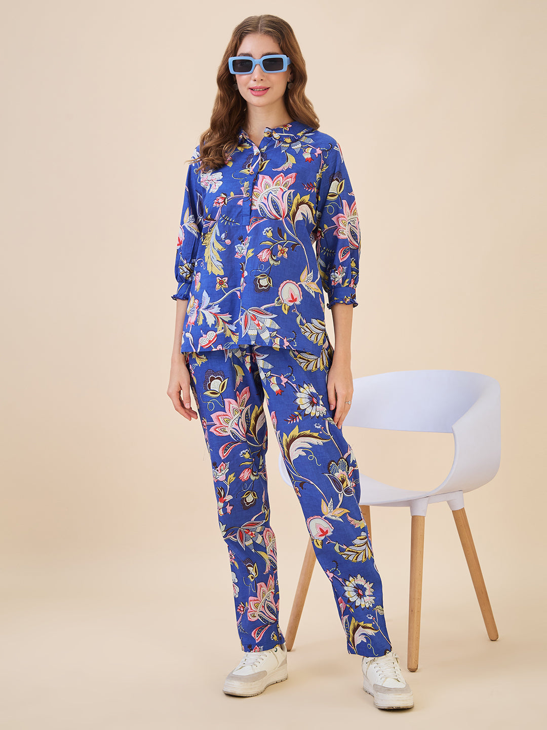 AV2 Women Cotton Printed Top & Bottom Coord set Blue - 2635A