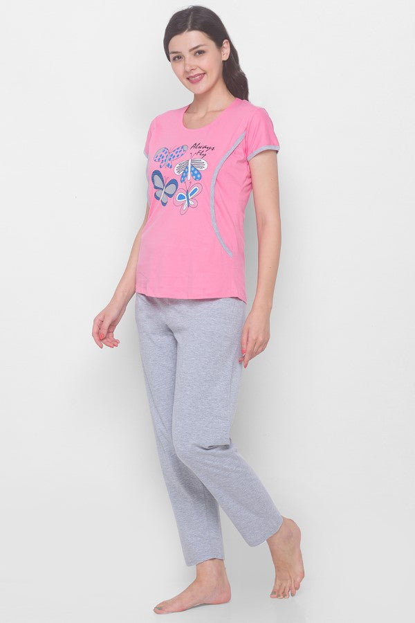 AV2 Women Cotton Graphic Feeding/Nursing/Maternity Top & Pyjama Set Pink - 2688G