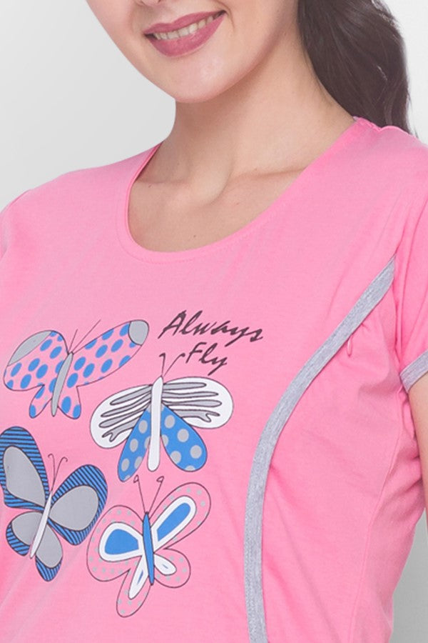 AV2 Women Cotton Graphic Feeding/Nursing/Maternity Top & Pyjama Set Pink - 2688G
