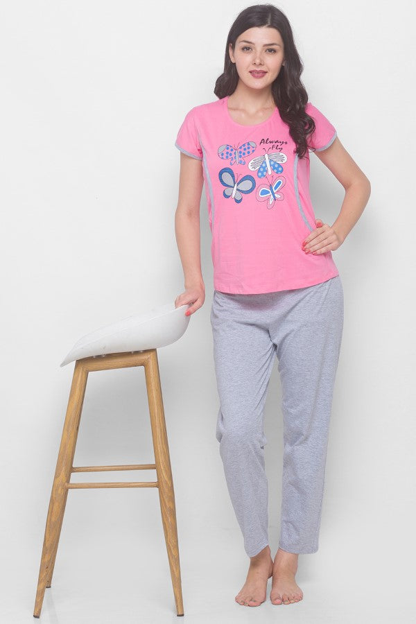 AV2 Women Cotton Graphic Feeding/Nursing/Maternity Top & Pyjama Set Pink - 2688G