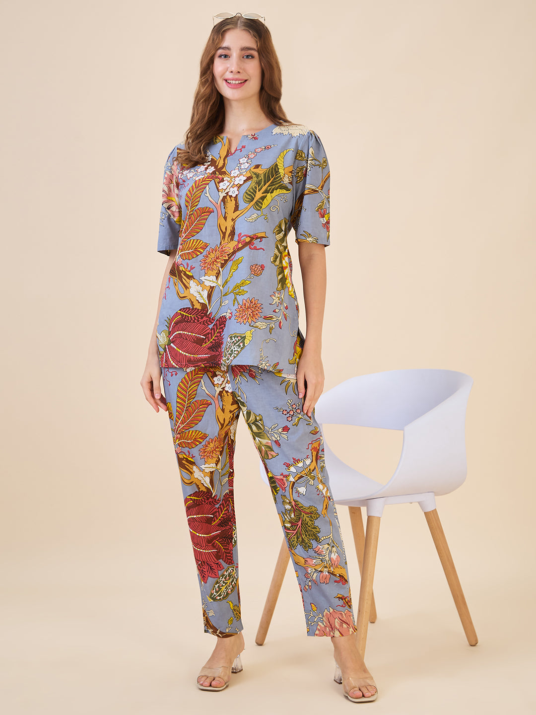 AV2 Women Cotton Printed Tunic & Bottom Coord set Grey - 2809A