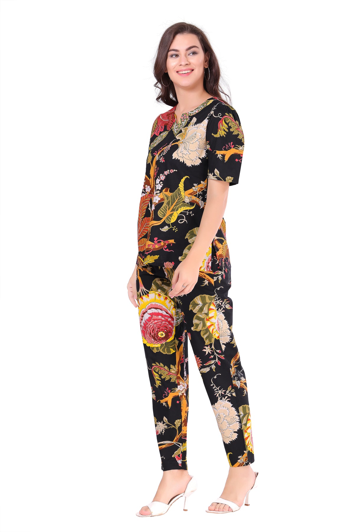 AV2 Women Cotton Printed Tunic & Bottom Coord set Black - 2809C
